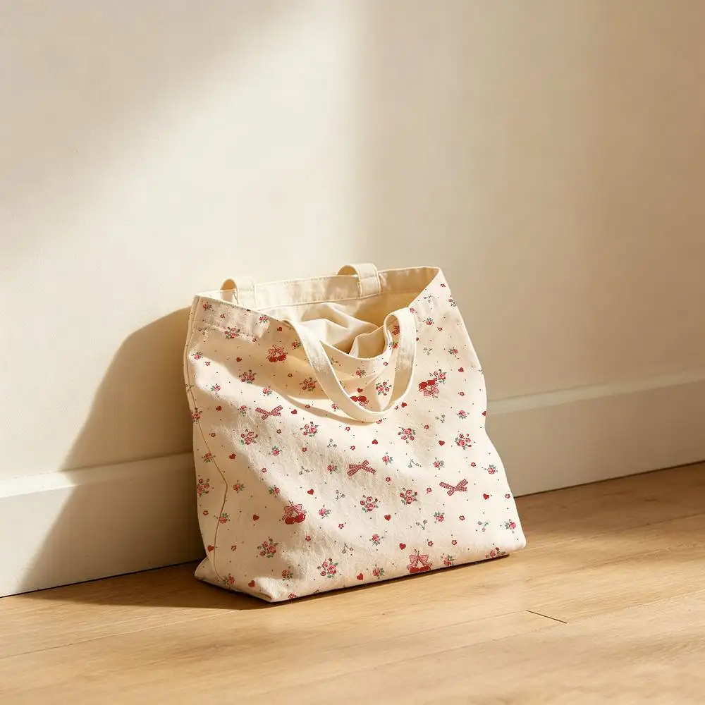 INS Cherry Canvas Tote Bag Waterproof Lining Large Capacity Reusable Shopping Bags Casual Student Daily Handbag