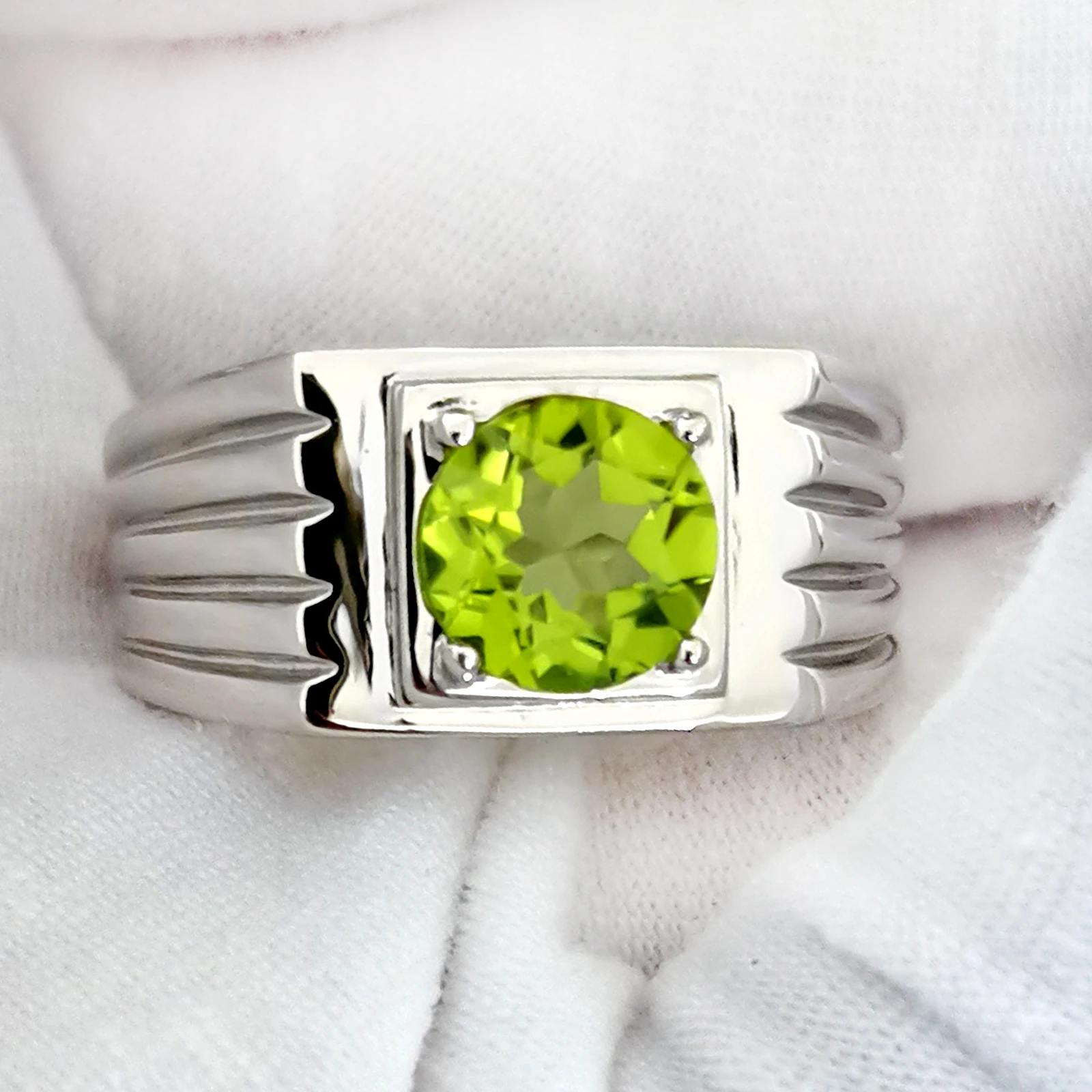 Men's Green Peridot Ring Sterling Silver Band 8mm Natural Gemstone August Birthday Gift Birthstone for Father R516GPN