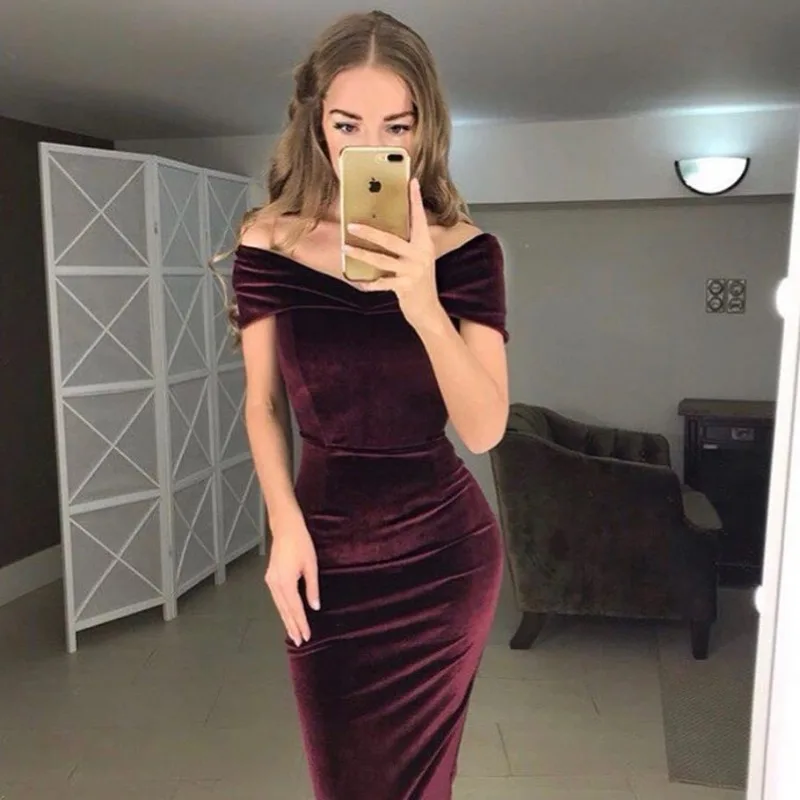 Vestido de fiesta de terciopelo con hombros descubiertos para mujer, elegante vestido Midi ajustado de terciopelo con cuello de barco para primavera y Club