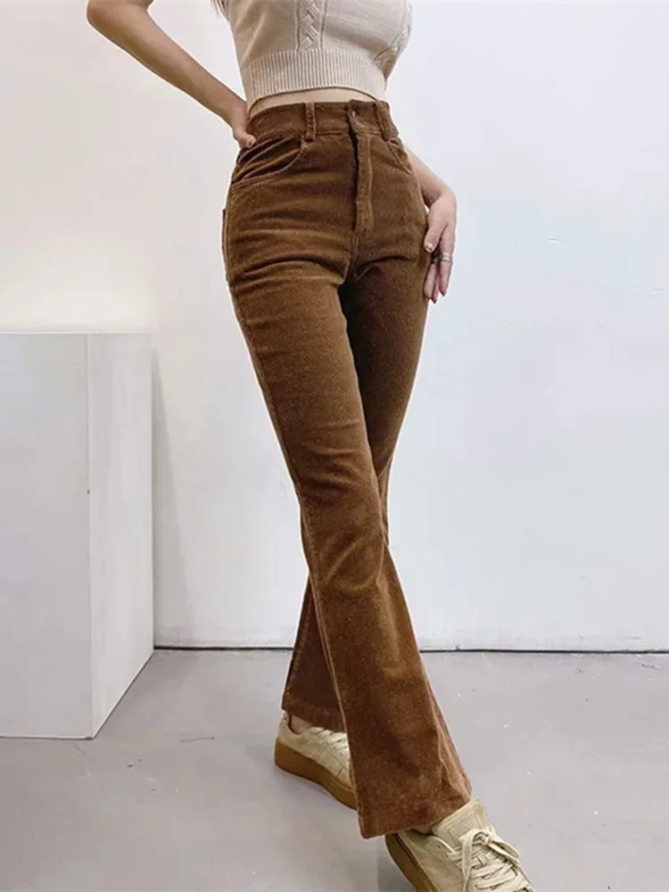 กางเกงขายาวทรงบูทคัทเอวสูงผ้าลูกฟูกสไตล์วินเทจสำหรับผู้หญิง กางเกงลำลองทรงขากว้างตรงสไตล์เกาหลีแฟชั่น