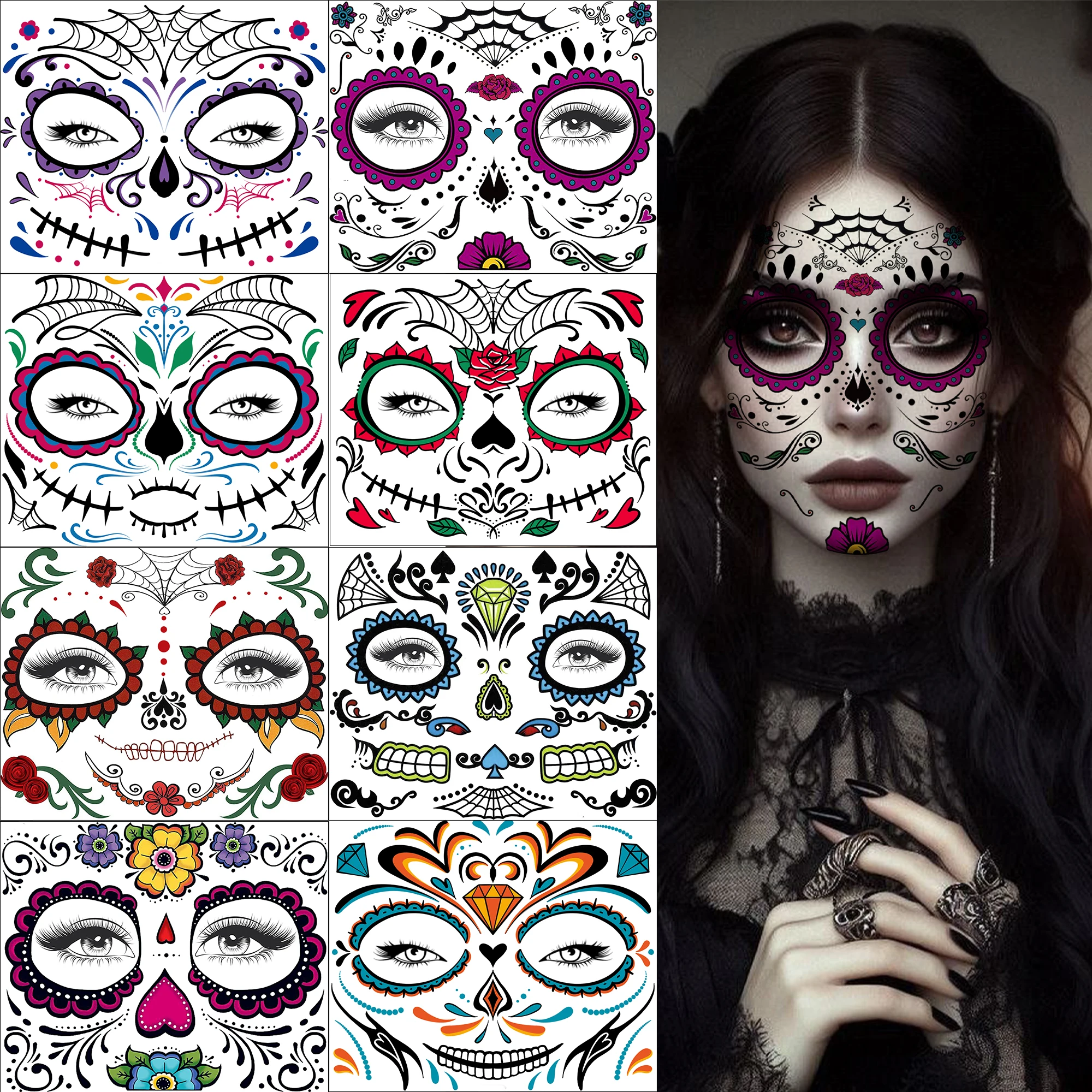 8 Sheets Halloween Mexico Floral Spiderweb Sugar Waterproof Day Of The Dead Temporary Tattoo Stickers, Long Lasting Fake Tattoos