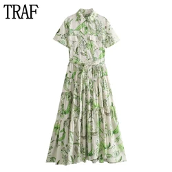 TRAF 2024 Print Shirt Dress Women Pleated Long Dress Woman Short Sleeve Midi Dresses for Women Streetwear Collar Women's Dress