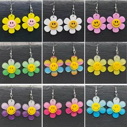 Fashion Flower Acrylic Earrings Colorful Sunflower Sparkling Pink Fluorescent Smiling Face Sweet Earrings for Girl Jewelry Gift