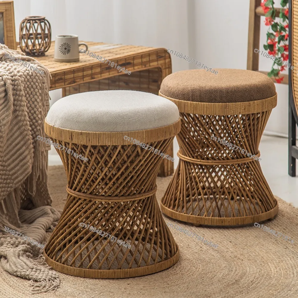 Retro Bamboo Woven Rattan round Stool Japanese Style Indoor Low Coffee Table Makeup Dressing B&B Furniture