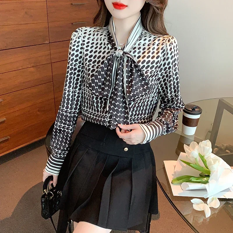 

Chiffon Loose Women's Shirts New Fashion Blouses Casual Long Sleeve Blusas Houndstooth Buttons Bow Tie Autumn A48