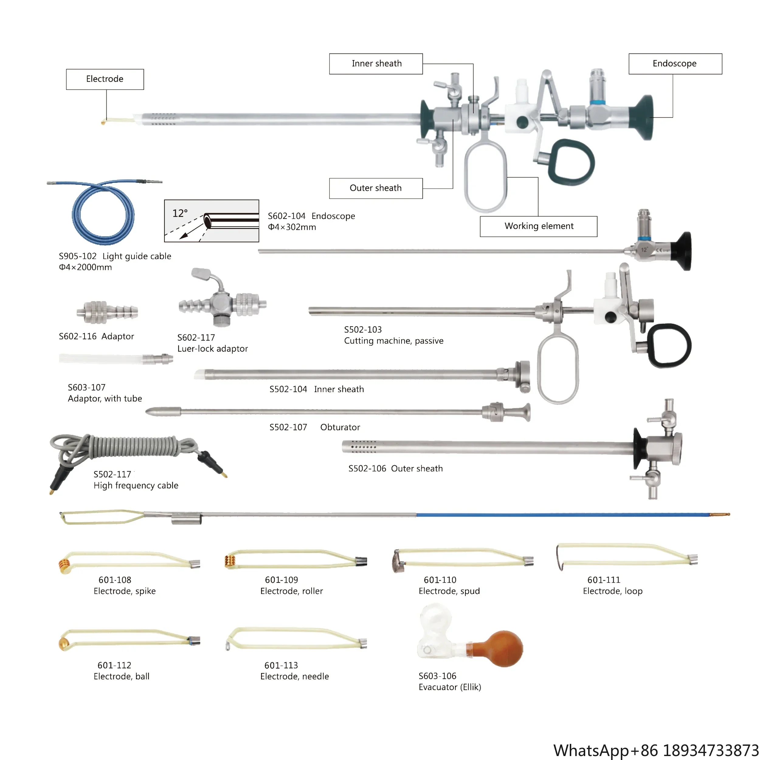 Complete Set of Steel Electrocoagulation Cutting Endoscopic Instruments for Gynecological and Obstetric Surgery