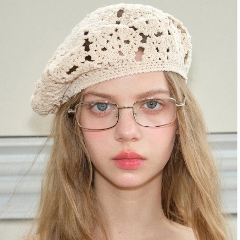 

New Japanese Handmade Hook Flower Hollow Out Thin Beret Women Knitted Artist Hat