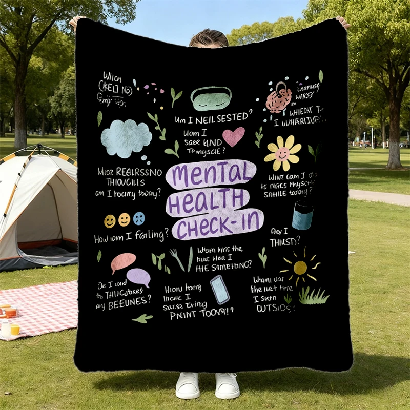 Mental Health Check In Flannel Blanket, Self Care Reminder Flannel Throw Anxiety Awareness Graphic Cozy Blanket