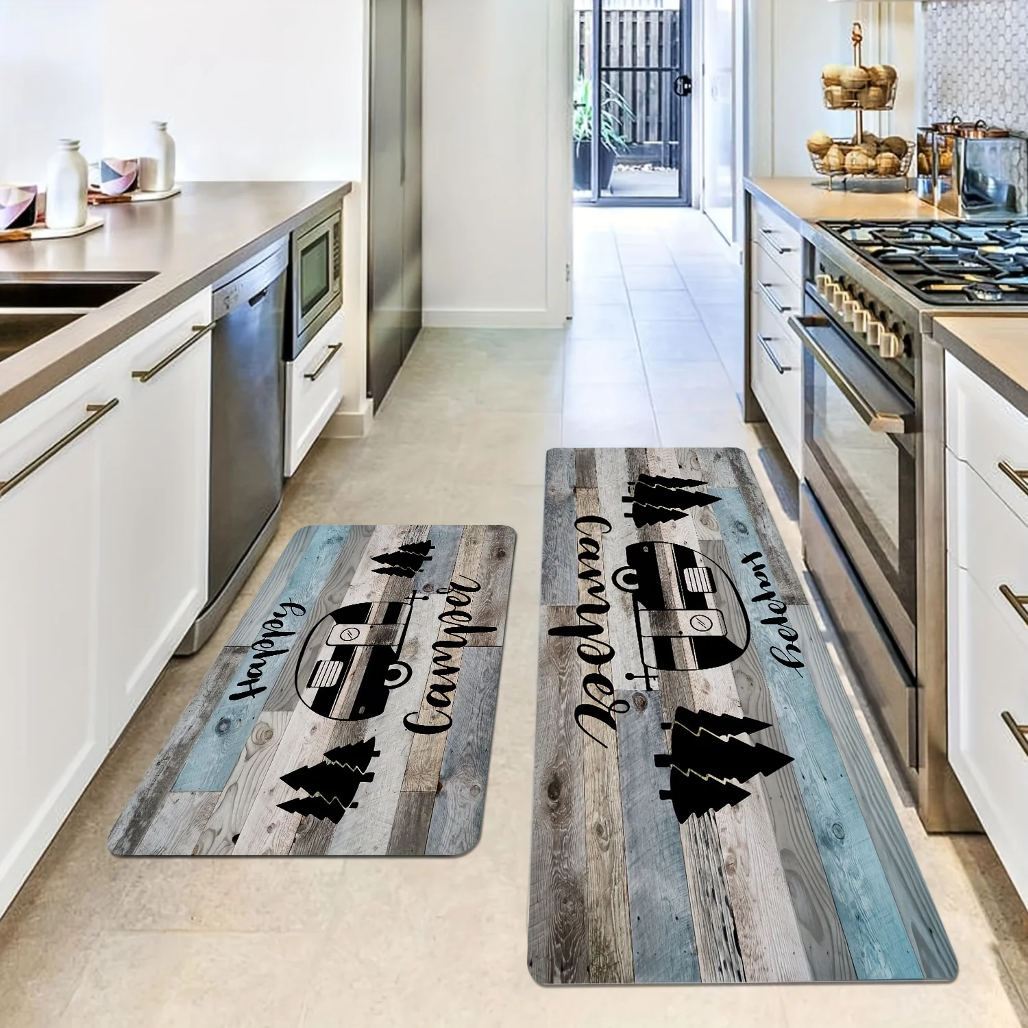 Vintage Style Wooden Printed Carpet L-shaped Kitchen Runner Rug RV Pattern Living Room Entrance Decoration Door Mat