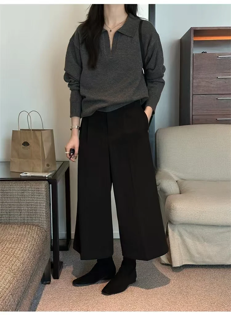 Cashmere gray high-grade polo neck sweater women wear lapels for bottoming knitting.
