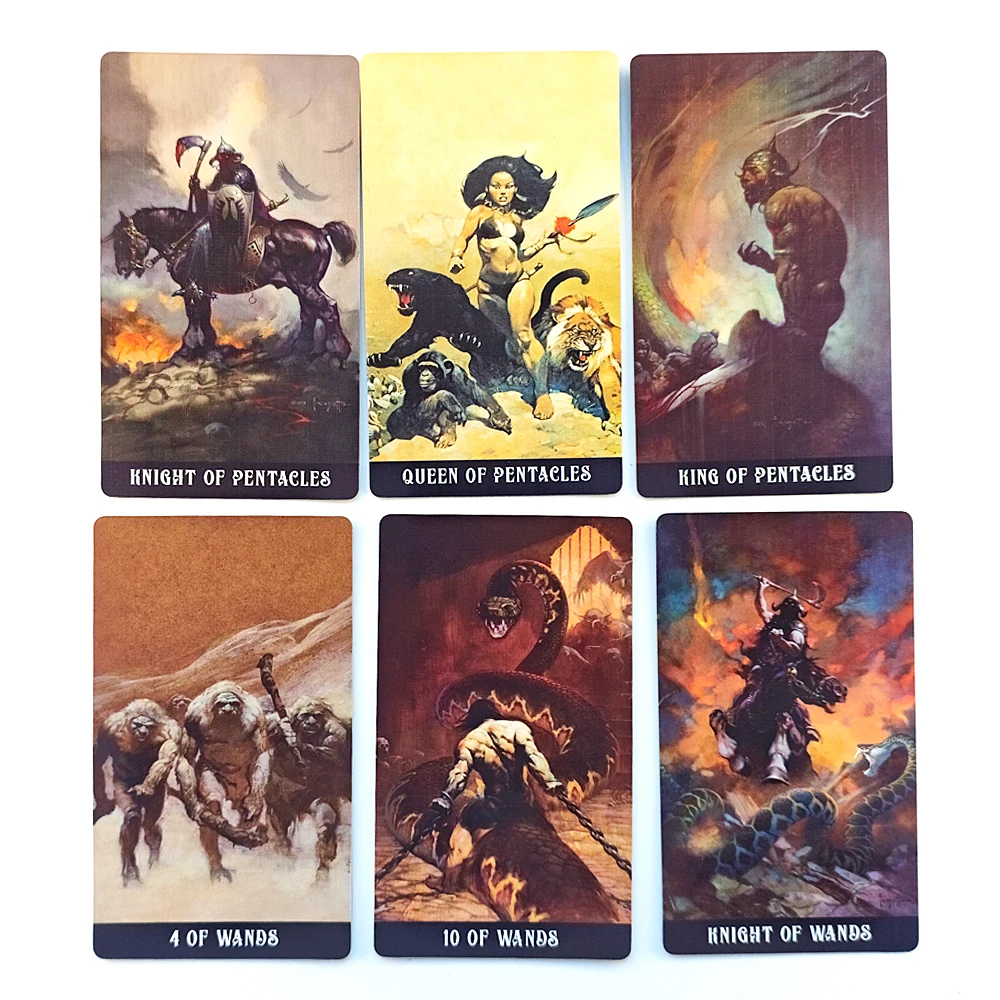 Gedrukt op 350GSM dubbelreliëf karton 12 * 7 cm Frazetta Fantasy Tarot in stijve doos 80 stuks kaarten gewijd aan Frank Frazetta