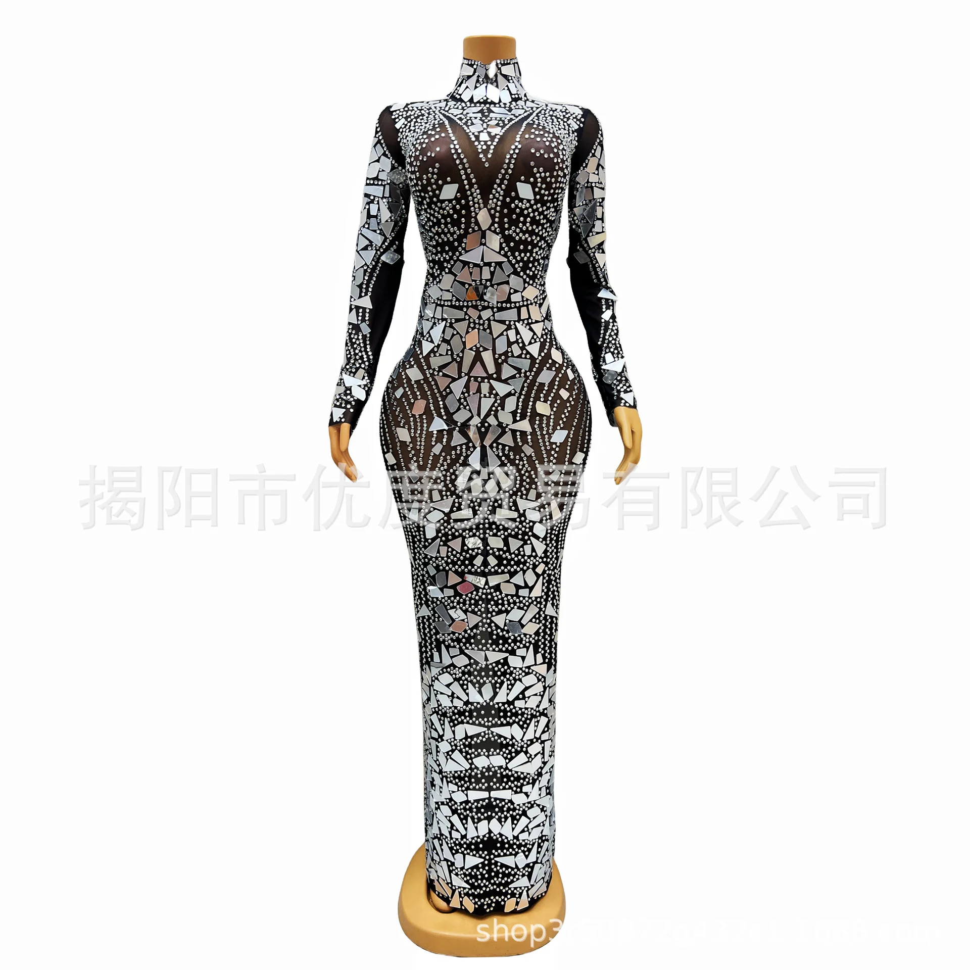 Black Mesh Lenses Shiny Rhinestone Dress Cocktail Birthday Party Night Performance Dress Long Dress Thorns robe de soirée femmes