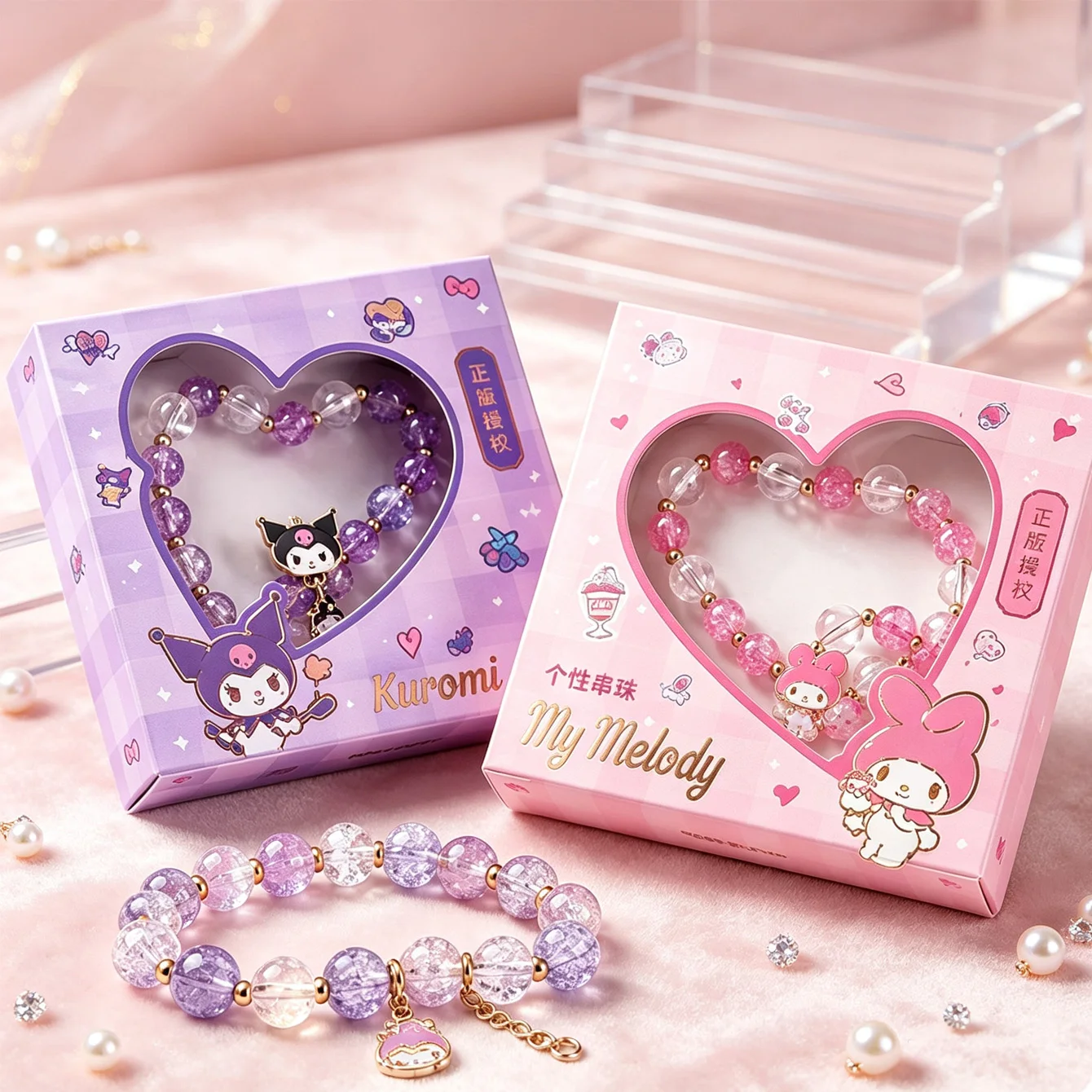 Kuromi My Melody Crackle Bead Jewelry Transparent Bead Wrist Accessory Heart‑shaped Gift Box Pack Collectible Fashion Ornament