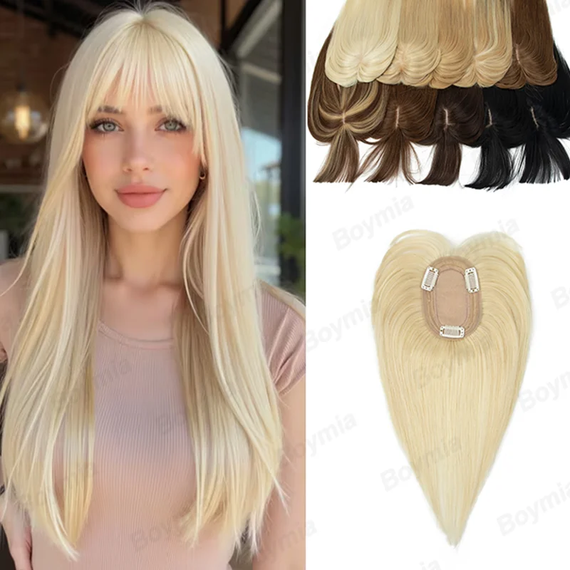 

BOYMIA Hair Toppers for Women Real Human Hair Topper with Bangs Thinning Thin 8 * 12CM Base Clip in Remy Hairpieces Hand-Tied