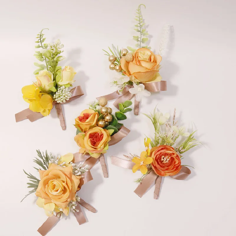 Boutonniere y ramillete de muñeca, suministros de boda, banquete, invitados, flores simuladas, novio, novia, serie naranja, 447