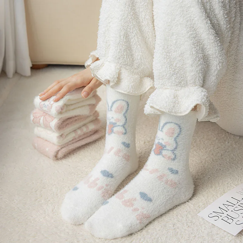 Sweet Pink Rabbits Bowknot Imitation Mink Socks Winter Plush Warm Home Sleeping Socks Ins Japanese Cartoon Cute Furry Tube Socks