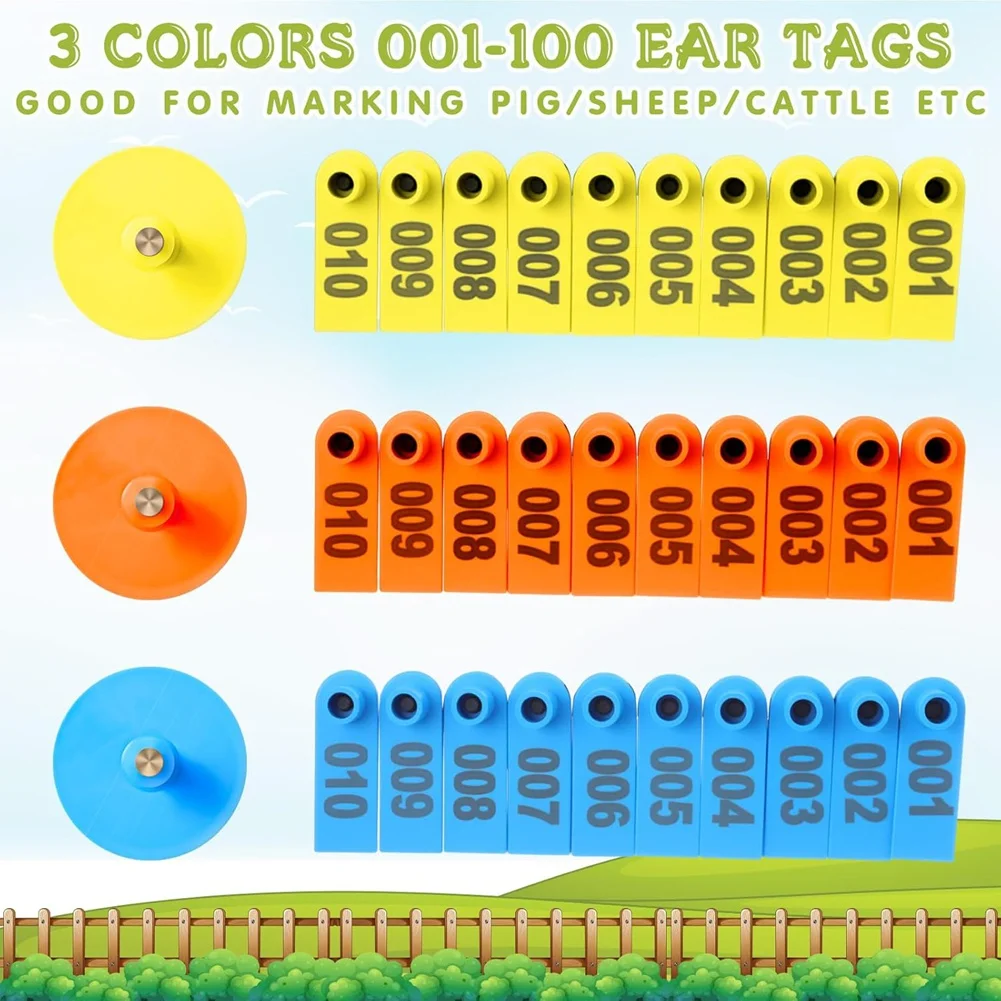 A013 300 Pcs Livestock Ear Tags for Sheep Goat Cattle 001-100 Number for Cow Pig Dog Deer Horse Farm Animal Identification