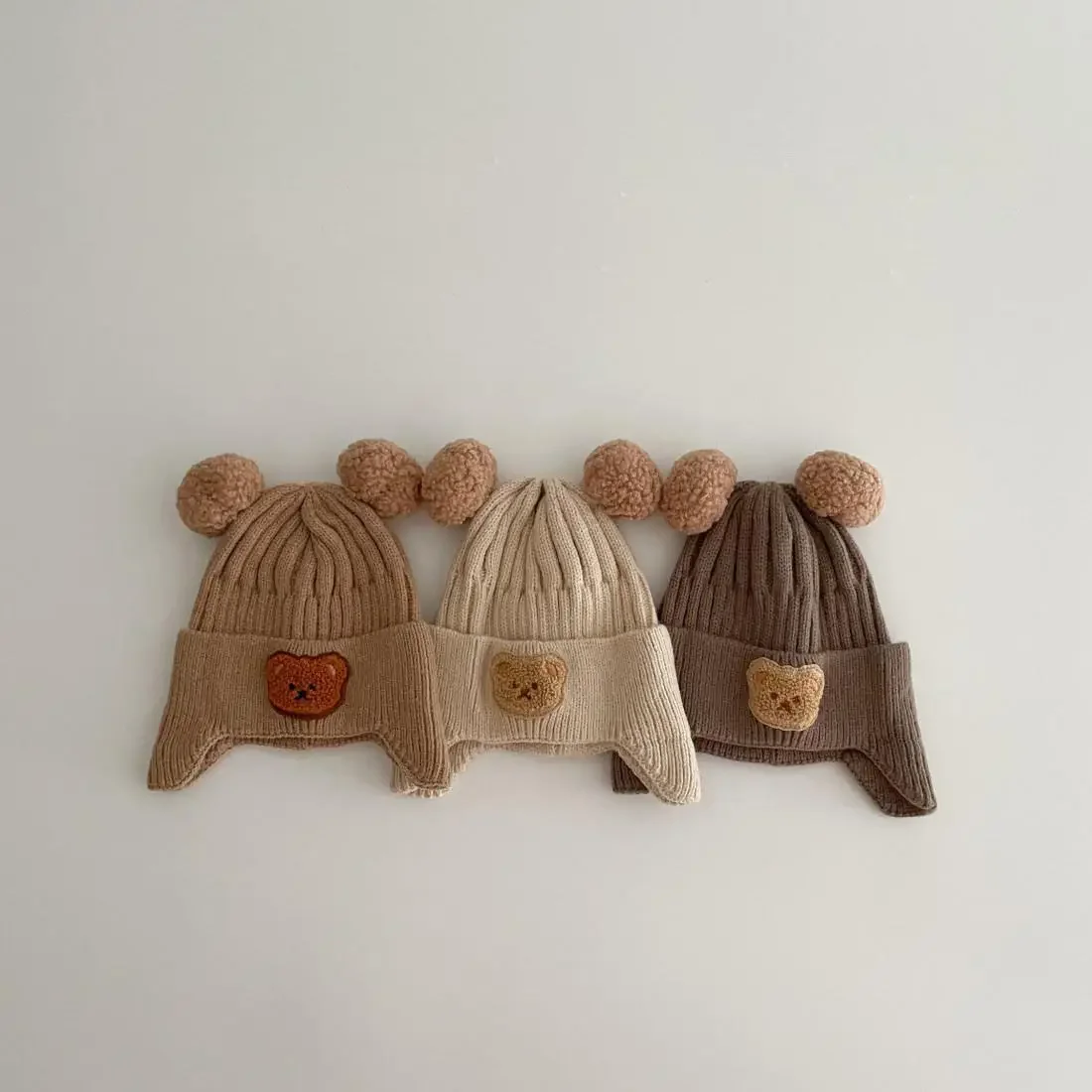 Knitted Baby Cap With Earflaps Cute Bear Pompom Kids Hat Beanie Warm Autumn Winter Boys Girls Ear Protection Bonnet Caps