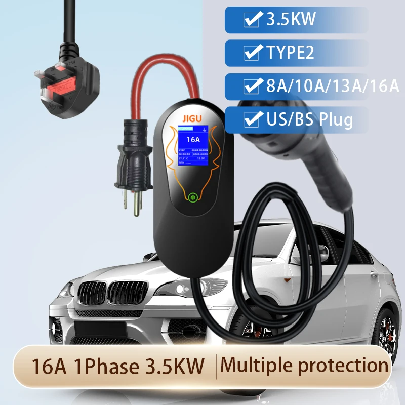 JIGU Level 2 Portabl EV Charger 3.5KW 16A TYPE2 Set current Outdoor electric vehicle charger with US/UK plug
