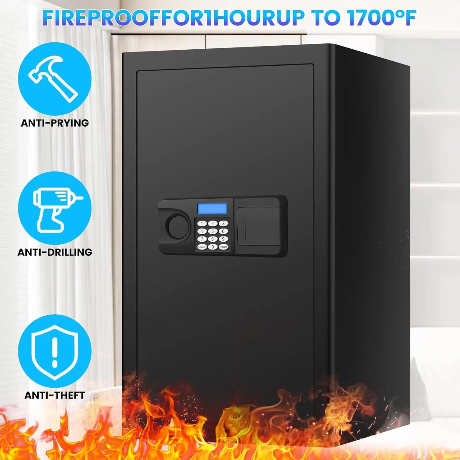 Safe Box, 5.5 Cuft Fireproof Home Safe with Fireproof Waterproof Bag, Anti-Theft Digital Security Safes with Smart Alert System,
