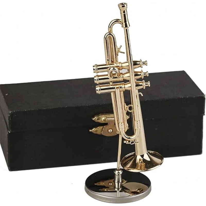 Copper Miniature Trumpet With Stand And Case Mini Musical Instrument Miniature Replica Model Mini Trumpet Home Ornament, Durable