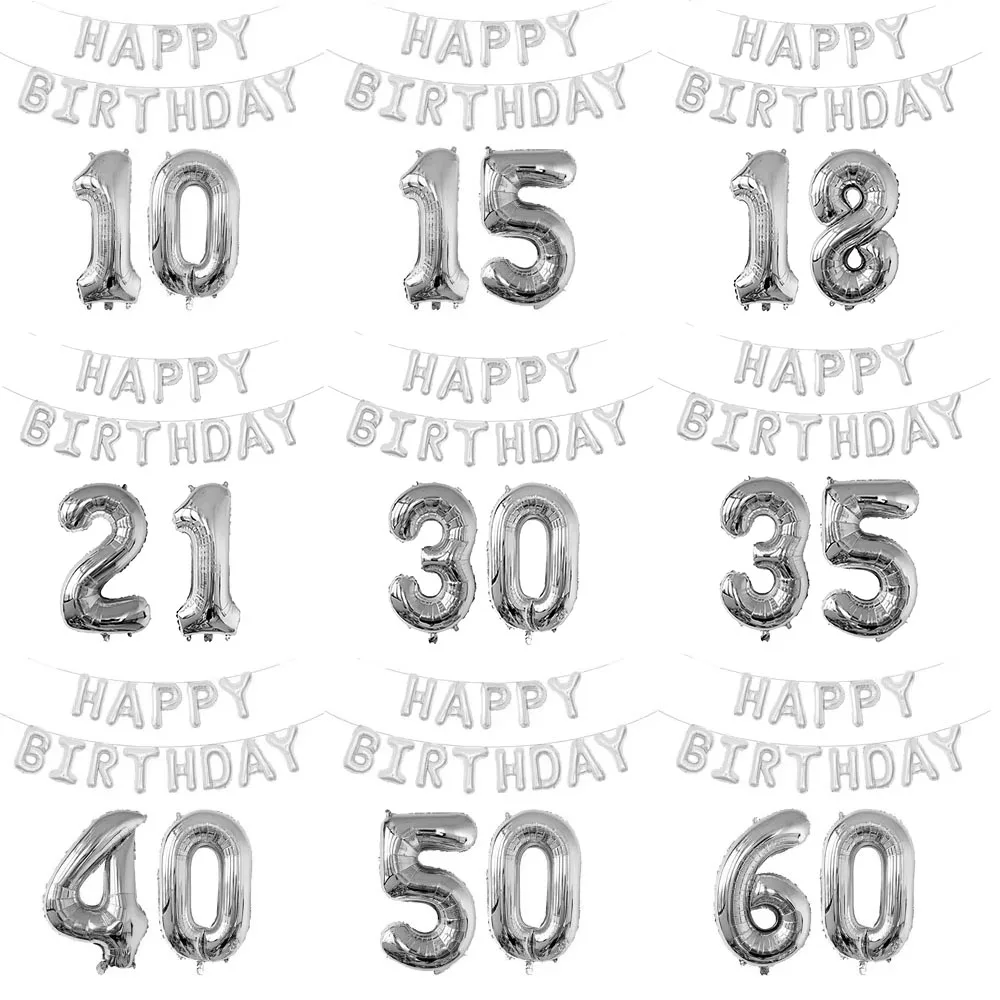 Silver 32inch Number Foil Balloons 10 11 12 13 16 18 25 30 35 40 50 60 Year Happy Birthday Party Decorations Adult Kids Boy Girl