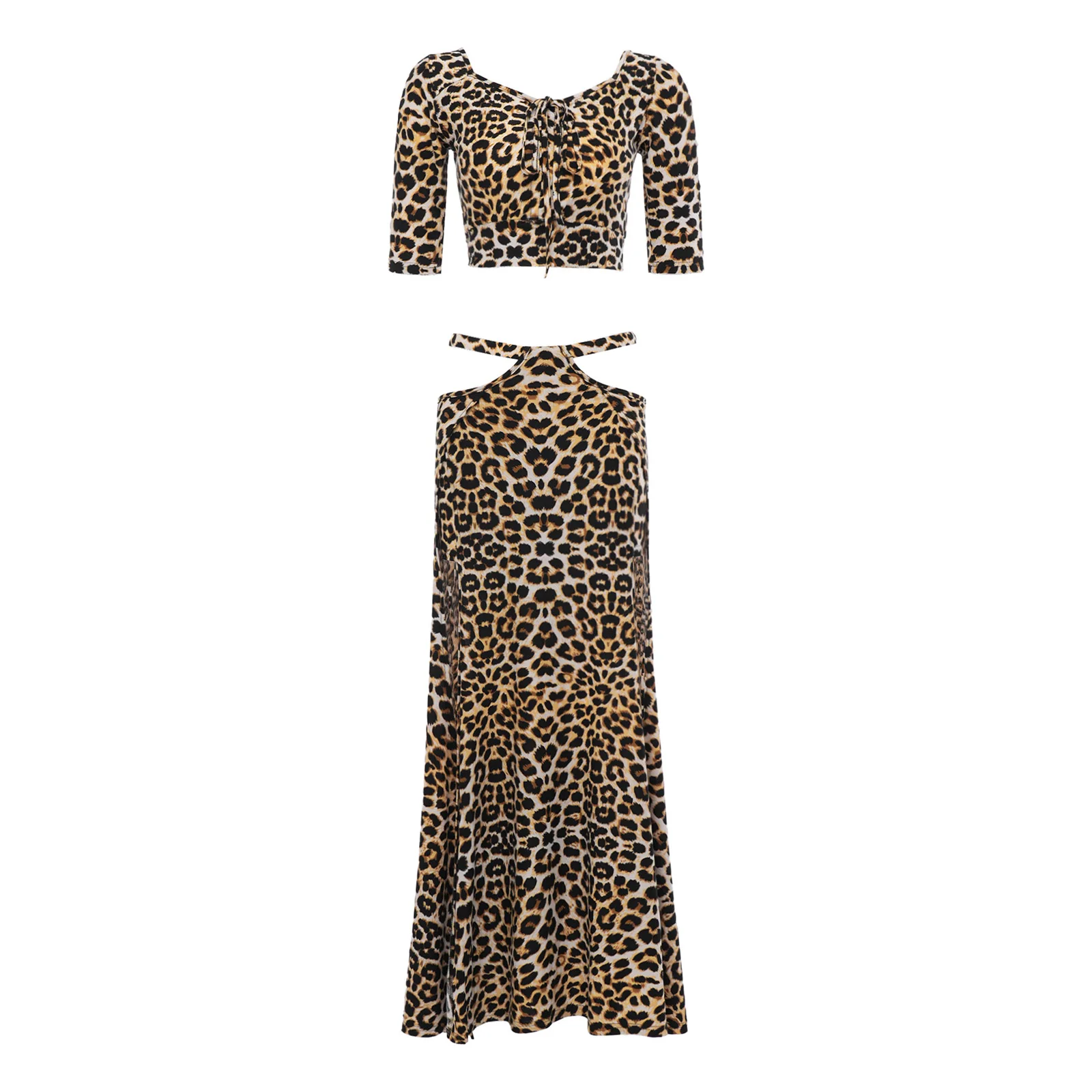 Damen-Set mit Leopardenmuster für Bauchtanz-Übungen und Auftritte: Crop-Top mit Ausschnitten und Kordelzug sowie Rock mit Schlitz und integrierten Shorts