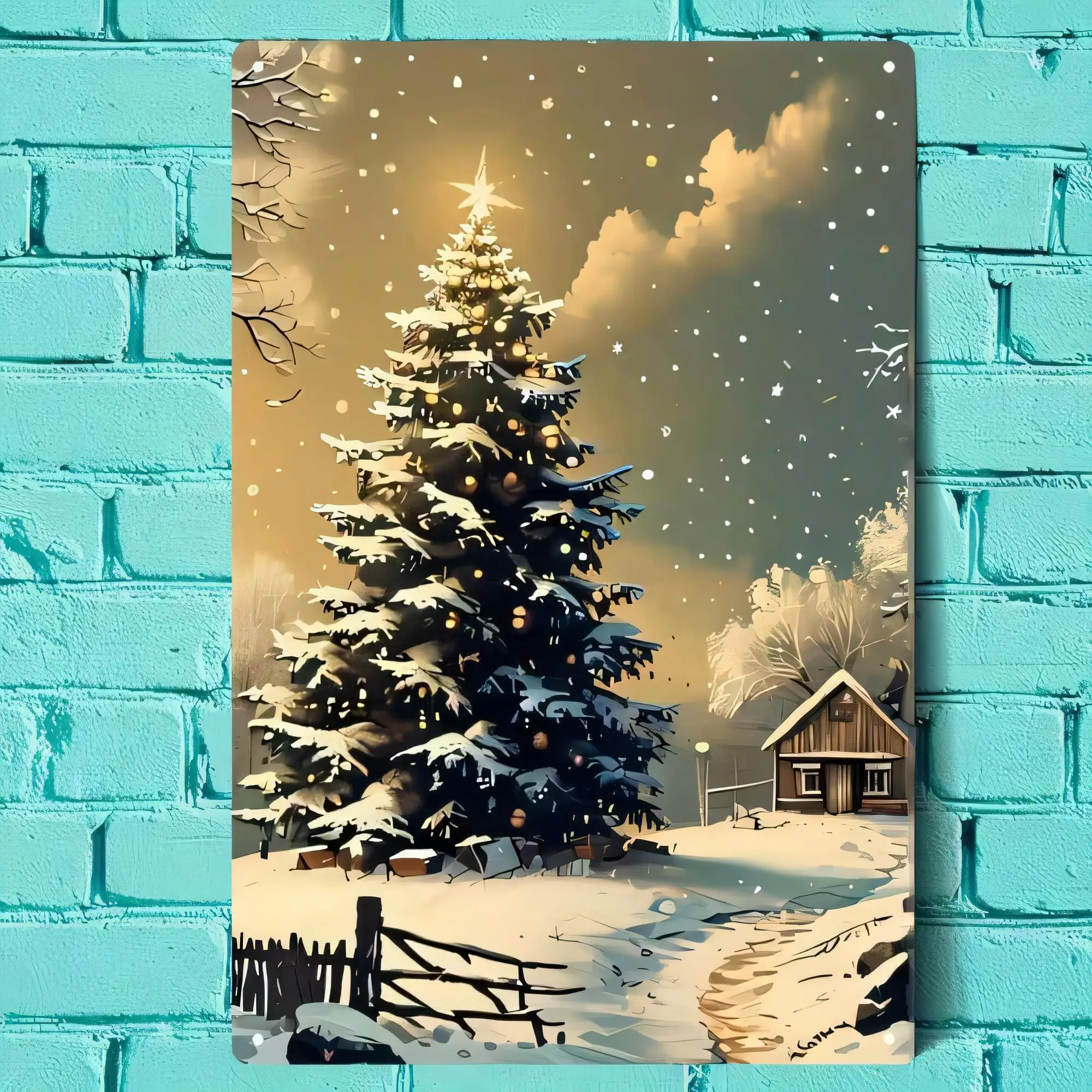 Home Decor Tree - Teneke tabela kış kabin sahnesi karlı
