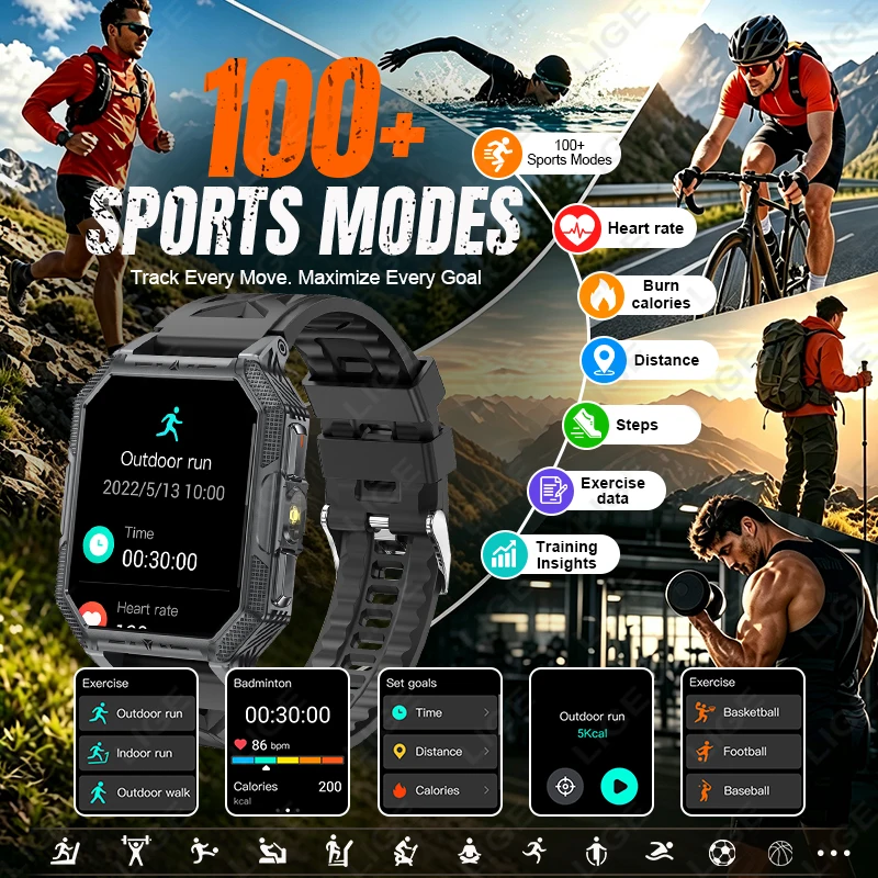 LIGE NEW Military Grade Smart Watch 1400mAh Long Standby Waterproof Flashlight Bluetooth Call Outdoor Sports Compass Smartwatch