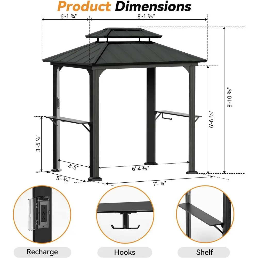 6' x 8' Hardtop BBQ Gazebo with Shelves, Power Strip, Galvanized Steel Roof, Extra-Wide Columns, Ideal for Grilling or Patio Use