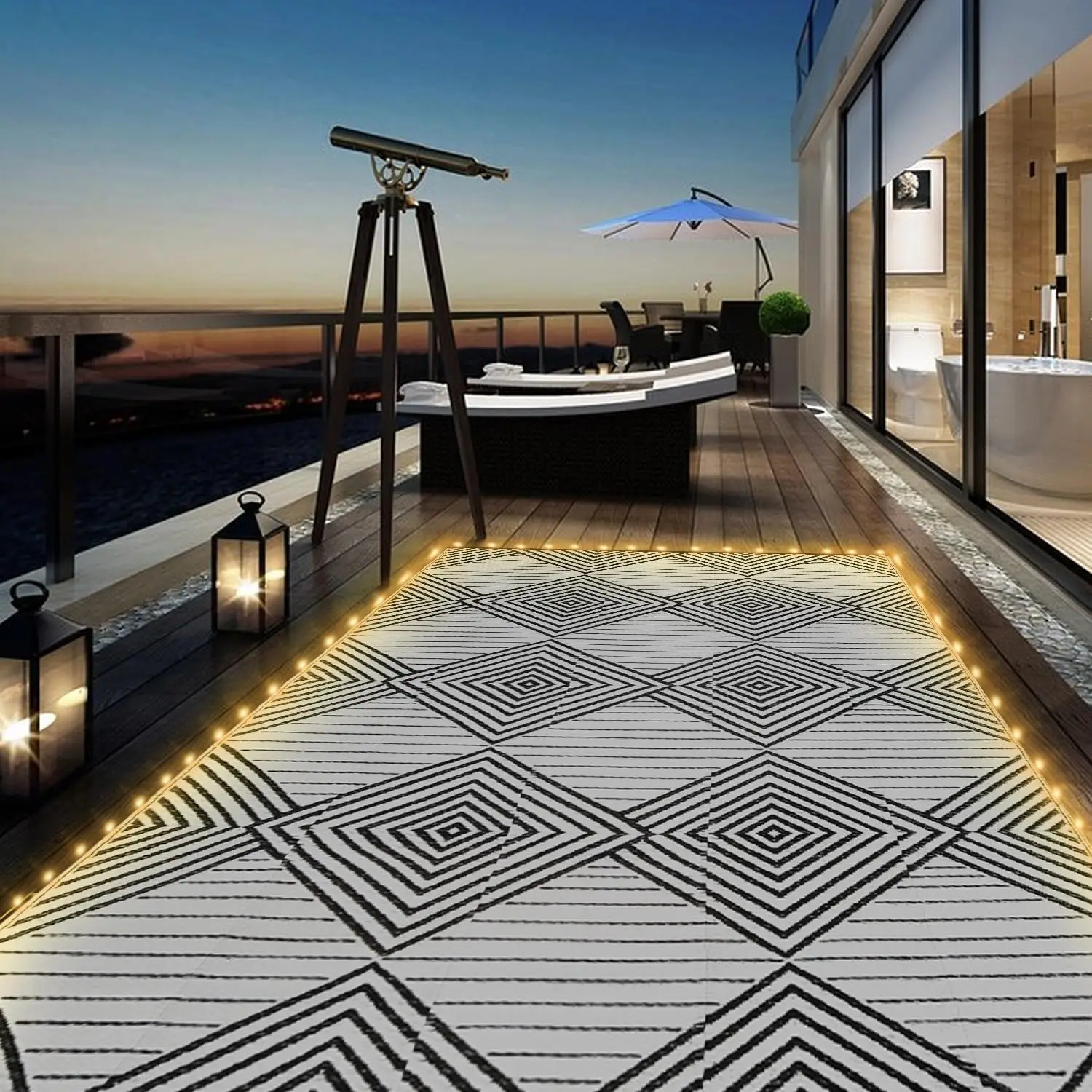 6x9ft Waterproof Outdoor Rug with LED Lights, Foldable Reversible Plastic Straw Mat for Patio RV Camping Picnic Balcony Beach De