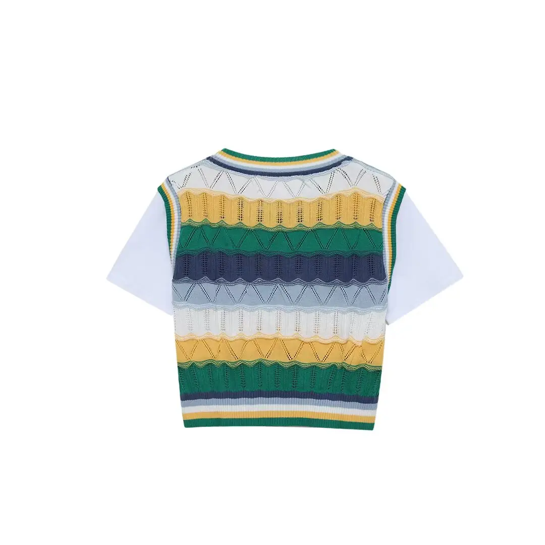 KONDALA Chic Striped Fashion 2025 Knit Short Sleeve Patchwork O-Neck Sweater Christmas Casual Female Streetwear Female Knitwear
