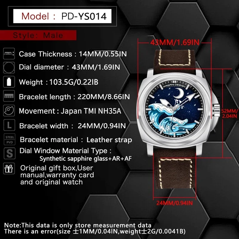 PAGANI DESIGN PD-YS014 Men's Automatic Watch, Japan NH35 Movement, AR-Coated Sapphire Crystal, 316L Stainless Steel, 100M Water
