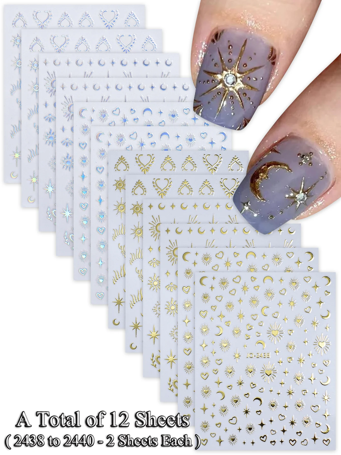 6/12/24 Vellen Gouden & Zilveren Ster, Maan & Hart Nagelstickers, Zelfklevende 3D Nageldecoratie Stickers voor DIY Manicure Decoratie