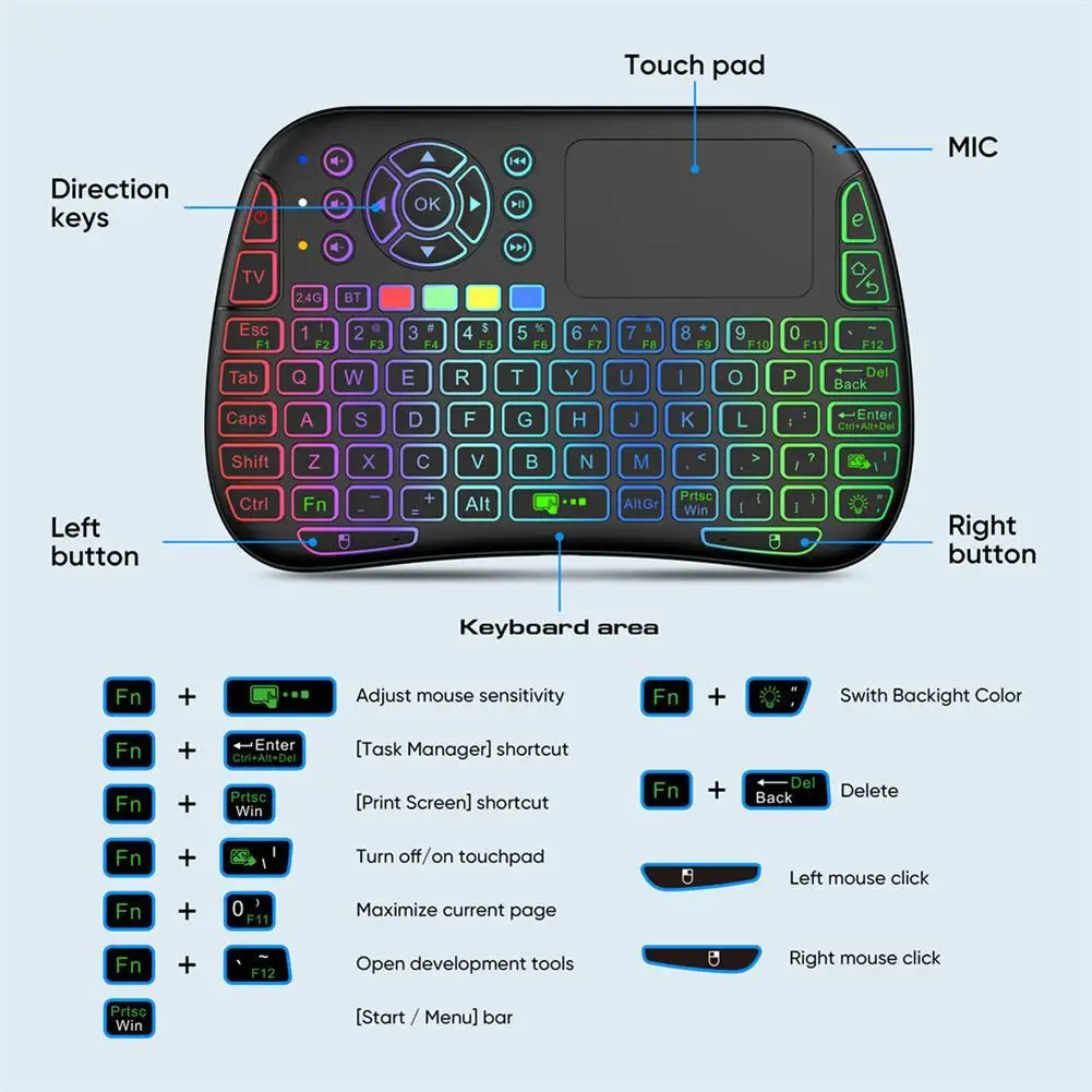 Keyboard Mini nirkabel cerdas Rusia bahasa Inggris, Keyboard Gaming lampu latar warna-warni Bluetooth Mode ganda untuk Laptop TV PC