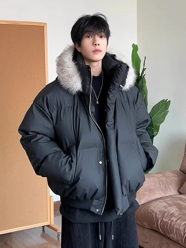 

Retro American Detachable Cap PU Leather ort Parka Cotton Jaet Men Winter Stand Collar Warmth Bread Sle Faionable You...