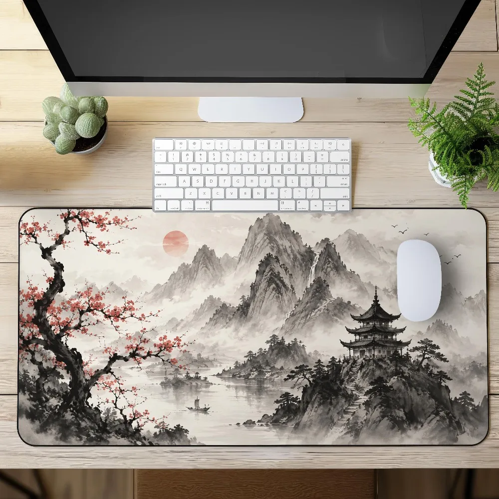 Japanese Desk Mat Sumi-e Mouse Pad, Zen Landscape Desk Mat Ukiyo-e Office mouse pad grande escritorio accesorios