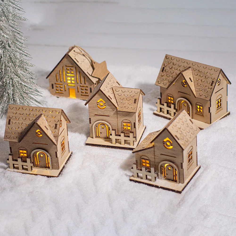 Handcrafted Christmas Wooden Log Cabin Ornaments With Glowing Feature Wooden House Building Figurine Landscape Scandinavian