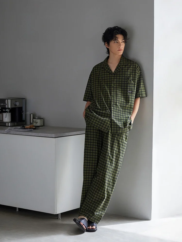 conjunto-de-pijama-de-verano-para-hombre-manga-corta-pantalon-largo-algodon-puro-diseno-vintage-a-cuadros-cardigan-abierto-ropa-para-el-hogar-transpirable-y-comodo