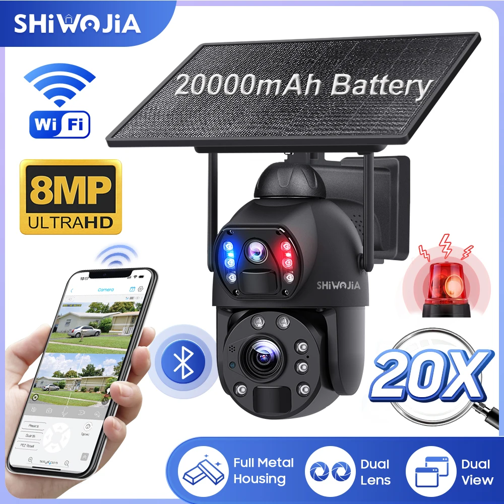 Shiwojia 8mp 10w Solar panel Überwachungs kamera 4g Sim/Wifi 20x Zoom Solar kamera Dual Lens Aufnahme Humanoid Tracking Surveilanc