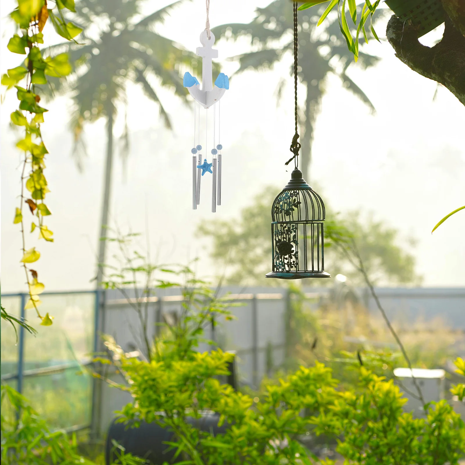 

Wooden Anchor Wind Chime Mediterranean Style Nautical Metal Tubes Beach Porch Outdoor Coastal Wall Hanging Ornament