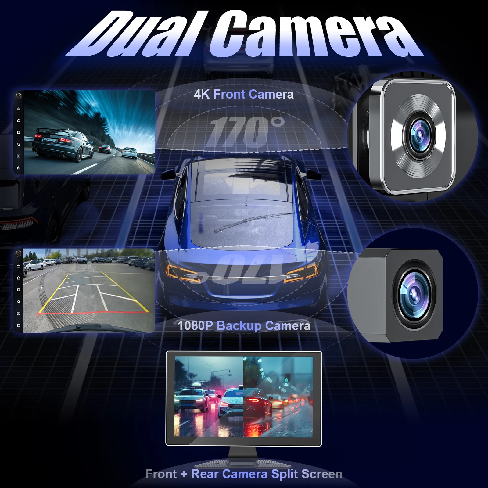 شاشة CarPlay اللاسلكية المحمولة مقاس 9 بوصات للسيارة، ستيريو سيارة CooCom UHD مع شاشة تعمل باللمس مع Apple CarPlay Android Auto، كاميرا داش 4K #3