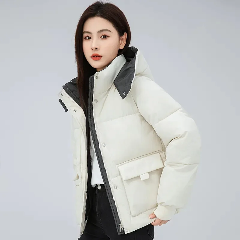 الكورية أسفل معطف المرأة سترات 2025 شتاء جديد الخبز overwear رشاقته الدافئة القطن وسادة مبطنة قصيرة مقنعين معطف السيدات