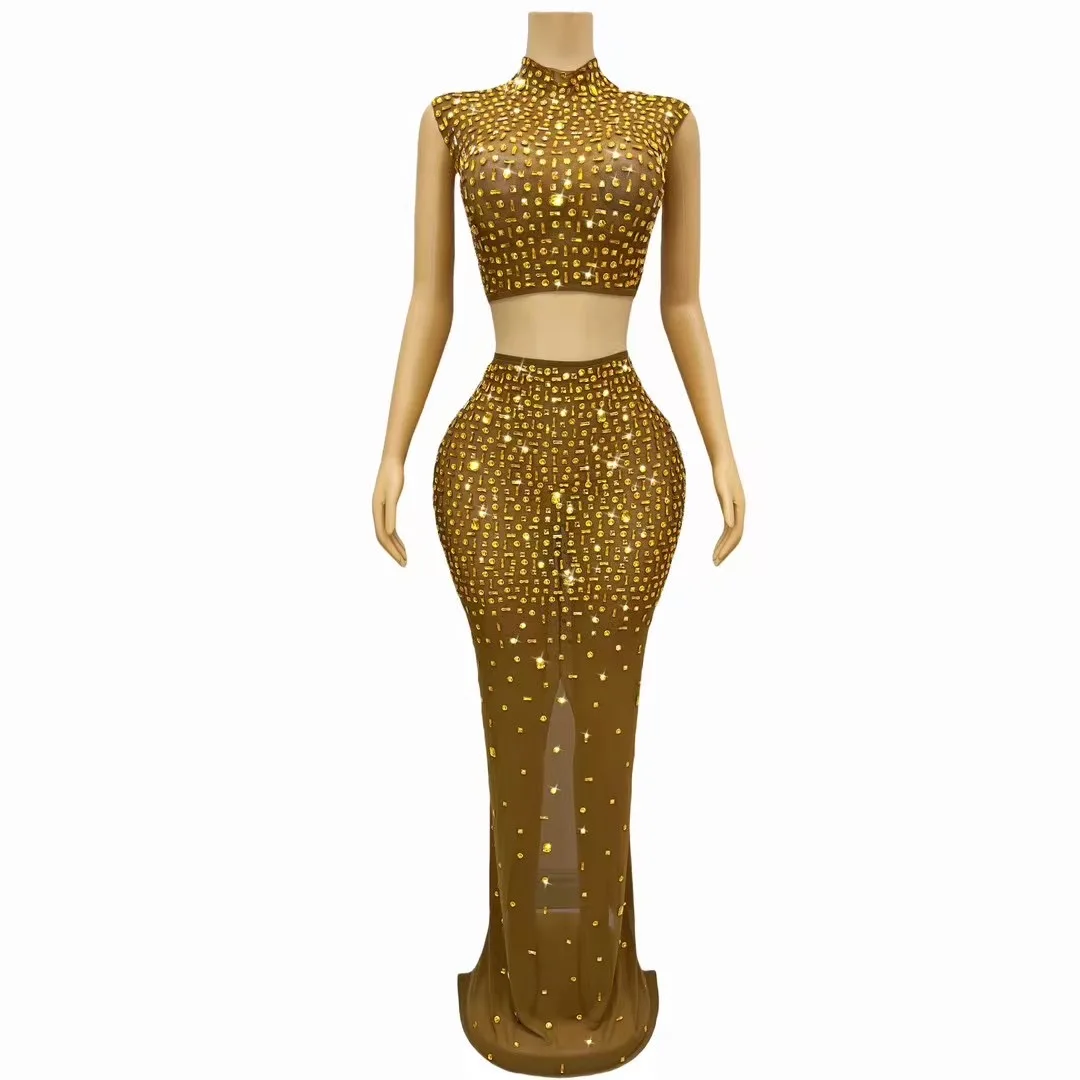 

Women Gold Rhinestone Sexy Mesh Sleeveless Long Skirt Set Sparkling Stage Performance Costume Club Prom Evening Party Dresses
