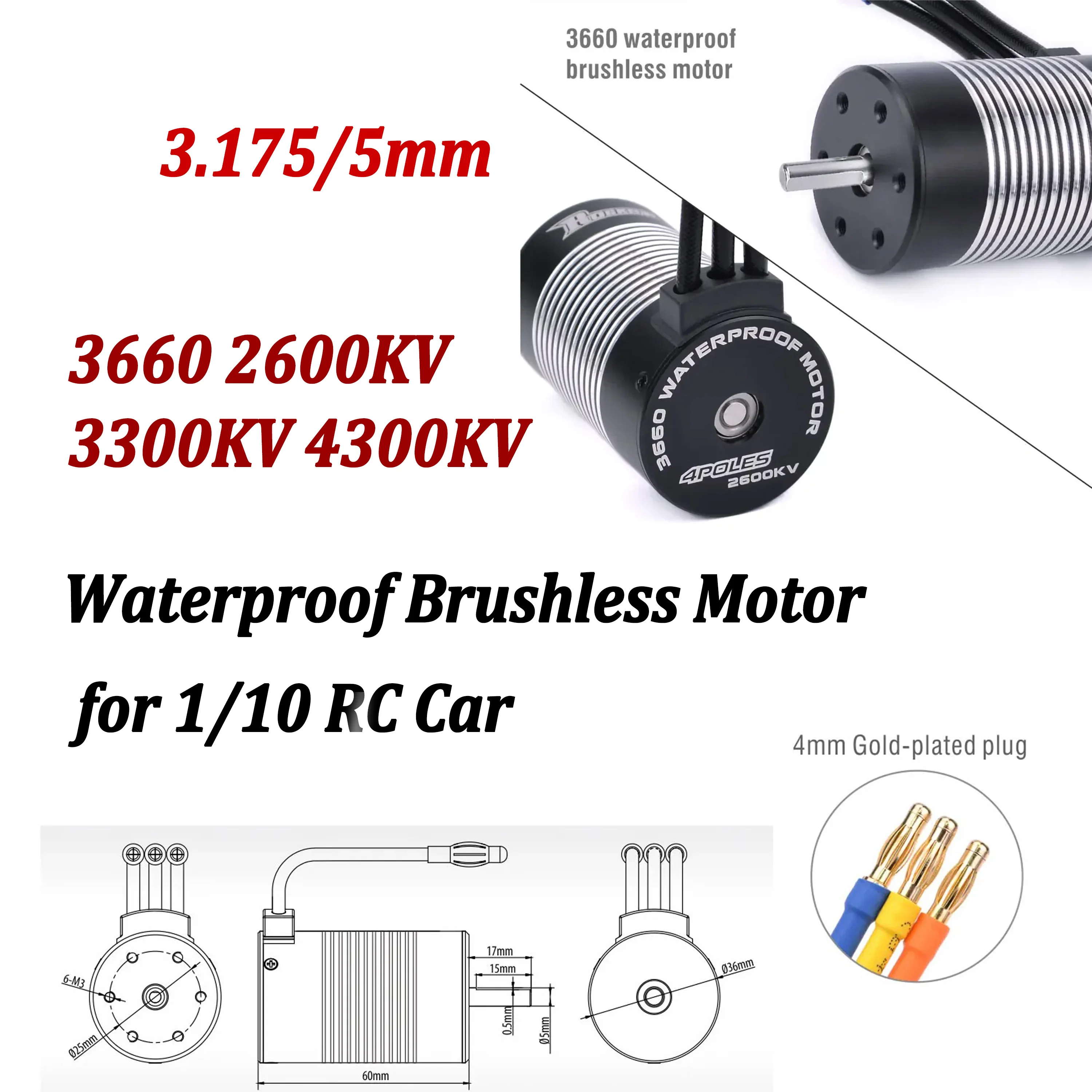 

SURPASS HOBBY Rocket 3660 2600KV 3300KV 4300KV Waterproof Brushless Motor 3.175/5mm for RC 1/10 Drift Car Traxxas Lexus Model