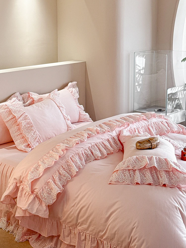 French Style 100% Cotton Pink Luxury Princess Bedding Set, Lace Ruffle Duvet Cover with Skirt, Fairy Elegant Collection