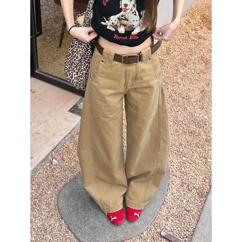 Damskie jeansy w stylu amerykańskim retro, luźne, z wysokim stanem, proste nogawki, vintage, z zakrzywionym krojem, nowe letnie spodnie do ziemi.