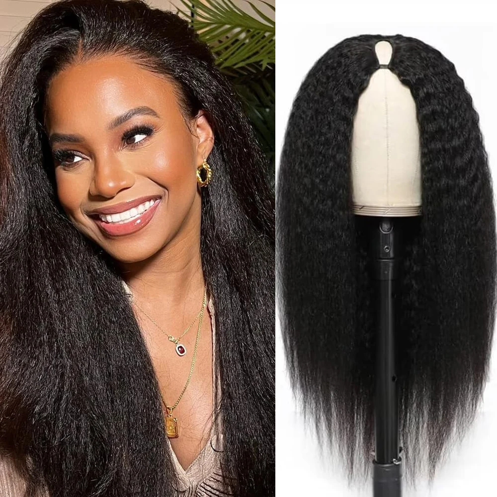 

Парик с V-образной частью Kinky Синтетические прямые парики Обновление U-образной части Парик из человеческих волос для женщин Без несмывания Без шитья 200% Плотность Натуральный кол