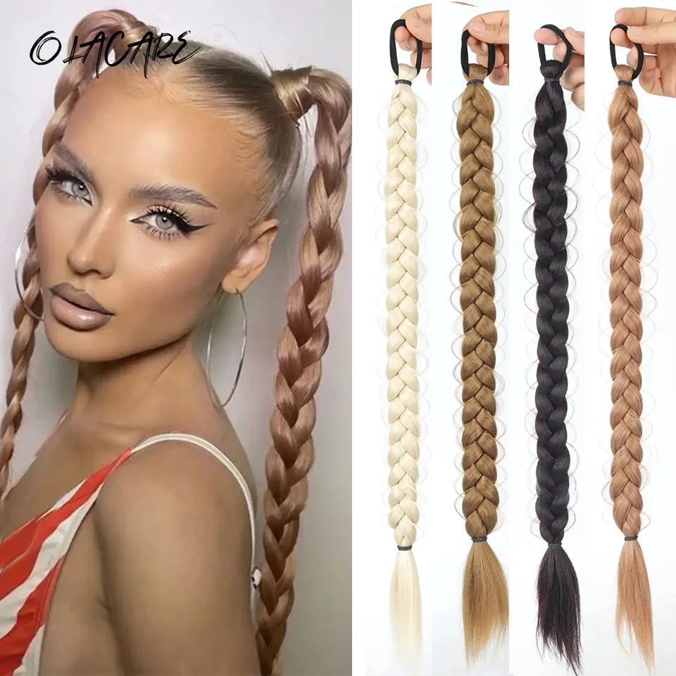 

Synthetic Braided Ponytail Hair Extension With Rubber Band Boxing Braids For Women Hair Accessories 24Inch Long Black Braids