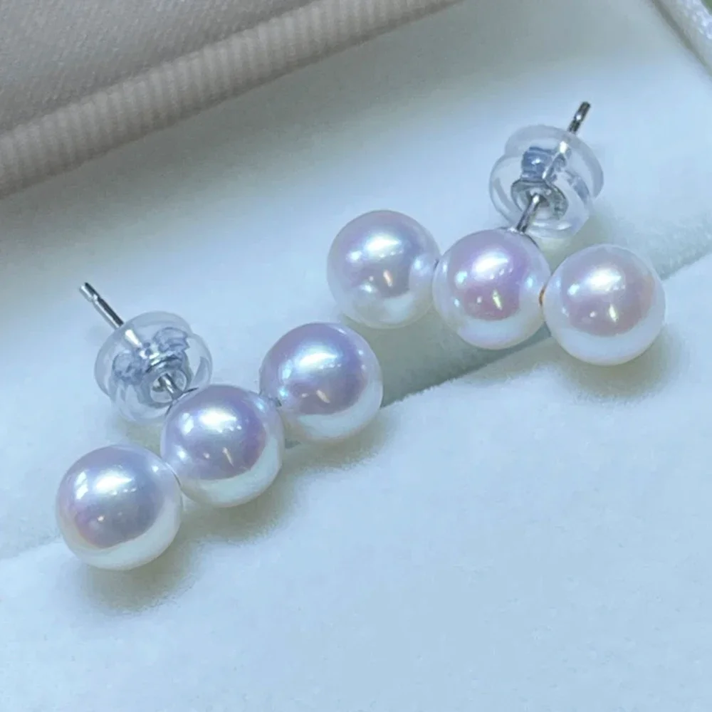 Beautiful AAA6-7mm natural Akoya pearl balance beam earrings, 925 silver earrings